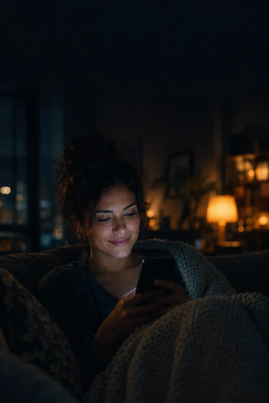 Paciente em casa, à noite, respondendo a mensagem no celular